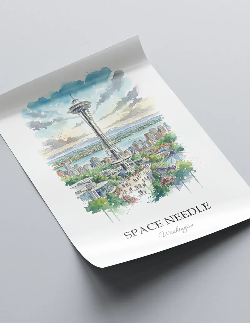 Framed wall art featuring Space Needle in Washington in a light wood frame leaning on the floor.