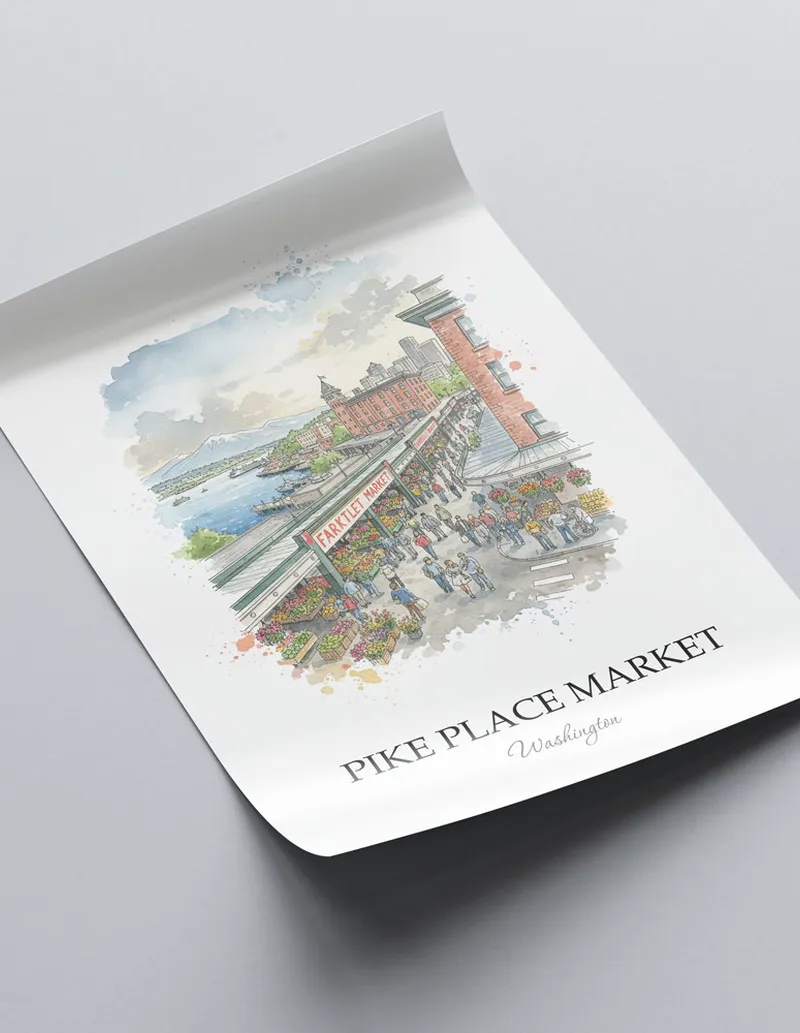 Framed wall art featuring Pike Place Market in Washington in a light wood frame leaning on the floor.