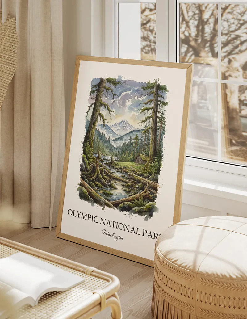 Framed wall art featuring Olympic National Park, Washington in a light wood frame hanging above a sofa in a modern living room.