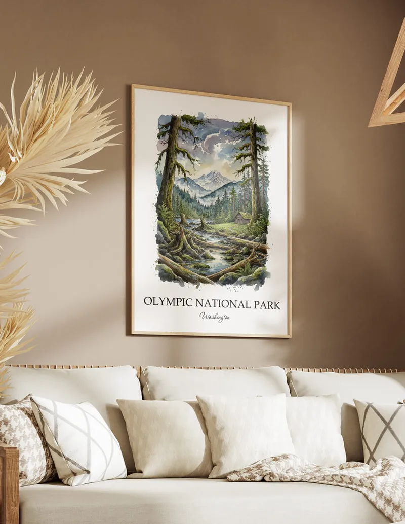 A gorgeous boho-inspired living space with a framed vintage travel poster of Olympic National Park in Washington on display.