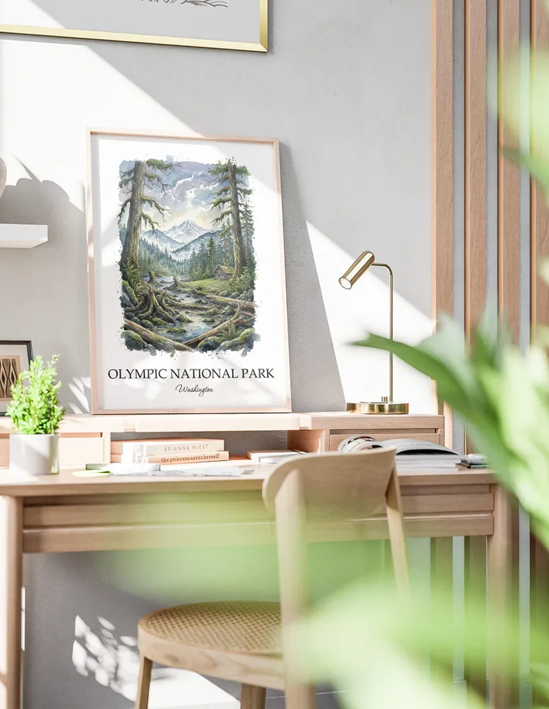 A clean and modern mockup showing a framed Olympic National Park, Washington print on a minimalist background.