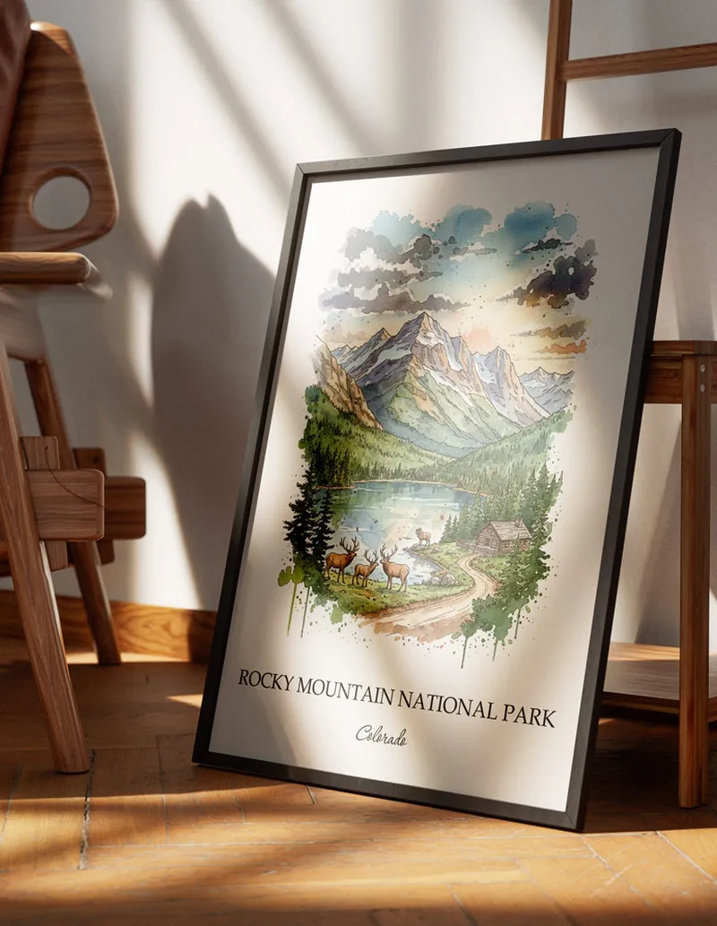 A lovely interior preview showcasing a vintage-vibe travel poster design of the scenic Rocky Mountain National Park in Colorado.