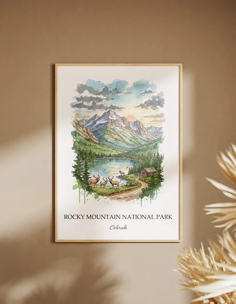 A close-up of a high-quality paper print featuring the Rocky Mountain National Park in Colorado minimalist design.