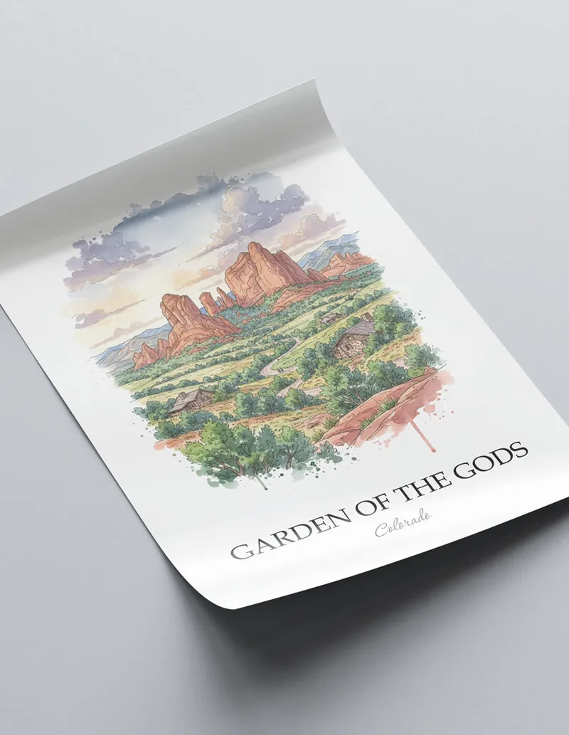 Framed wall art featuring Garden of the Gods in Colorado in a light wood frame leaning on the floor.