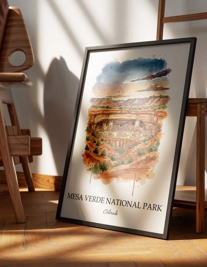 Minimalist poster of Mesa Verde National Park in Colorado in a light frame standing by a window in a boho style room.