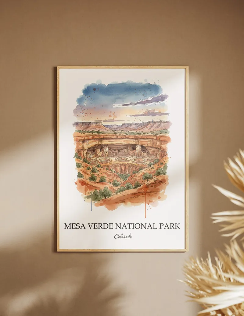 Framed wall art featuring Mesa Verde National Park in Colorado in a light wood frame leaning on the floor.