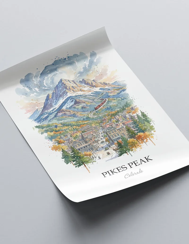 Minimalist poster of Pikes Peak in Colorado in a light frame standing on the floor in a dark moody interior.