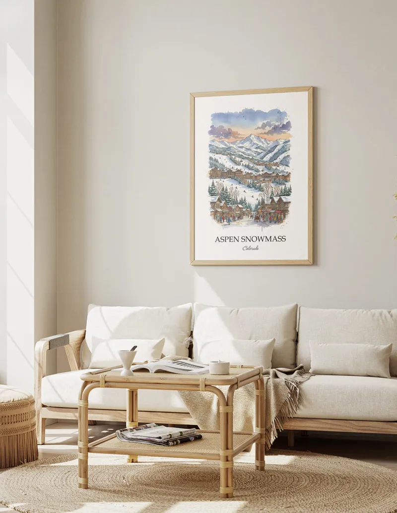 A gorgeous boho-inspired living space with a framed vintage travel poster of Aspen Snowmass in Colorado on display.