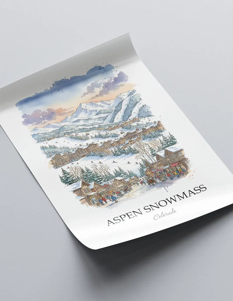 Minimalist poster of Aspen Snowmass in Colorado in a light frame standing on the floor in a dark moody interior.