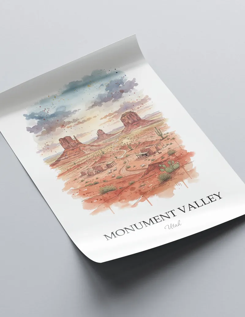 Minimalist poster of Monument Valley in Utah in a light frame standing on the floor in a dark moody interior.