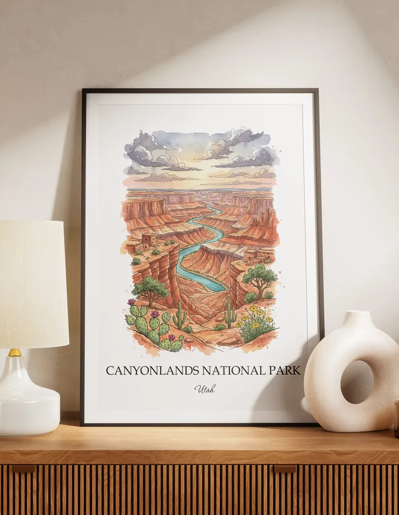 Framed wall art featuring Canyonlands National Park, Utah in a light wood frame hanging above a sofa in a modern living room.