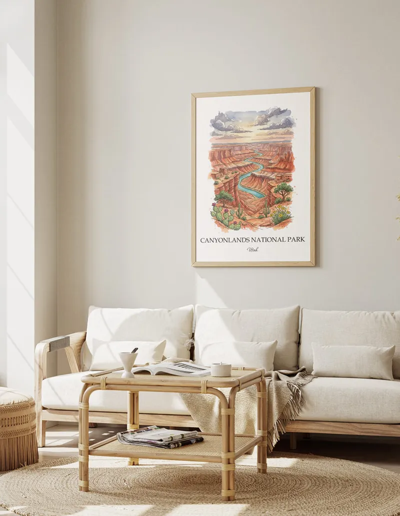 A gorgeous boho-inspired living space with a framed vintage travel poster of Canyonlands National Park in Utah on display.