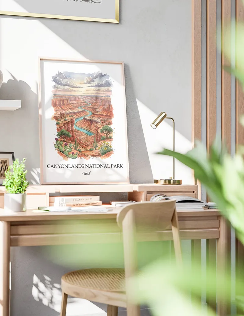 A close-up of a high-quality paper print featuring the Canyonlands National Park in Utah minimalist design.