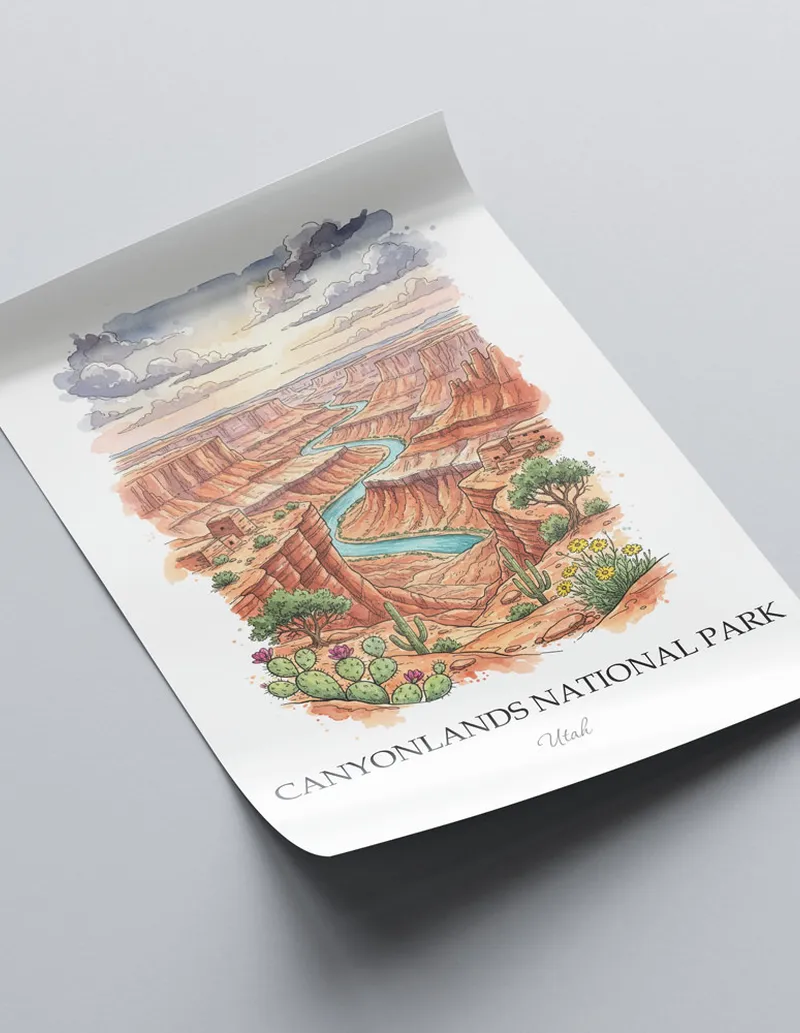 Minimalist poster of Canyonlands National Park in Utah in a light frame standing on the floor in a dark moody interior.
