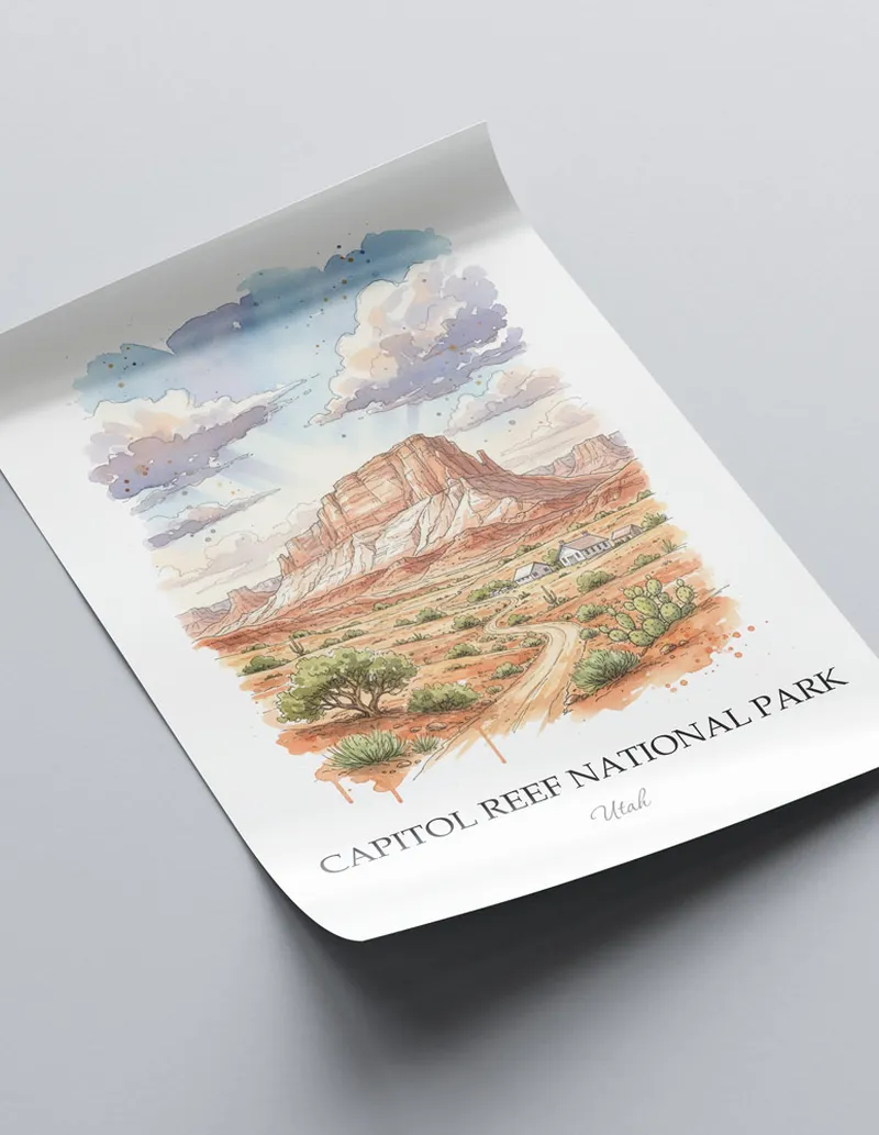 Minimalist poster of Capitol Reef National Park in Utah in a light frame standing on the floor in a dark moody interior.