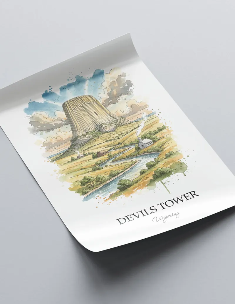 Minimalist poster of Devils Tower in Wyoming in a light frame standing on the floor in a dark moody interior.