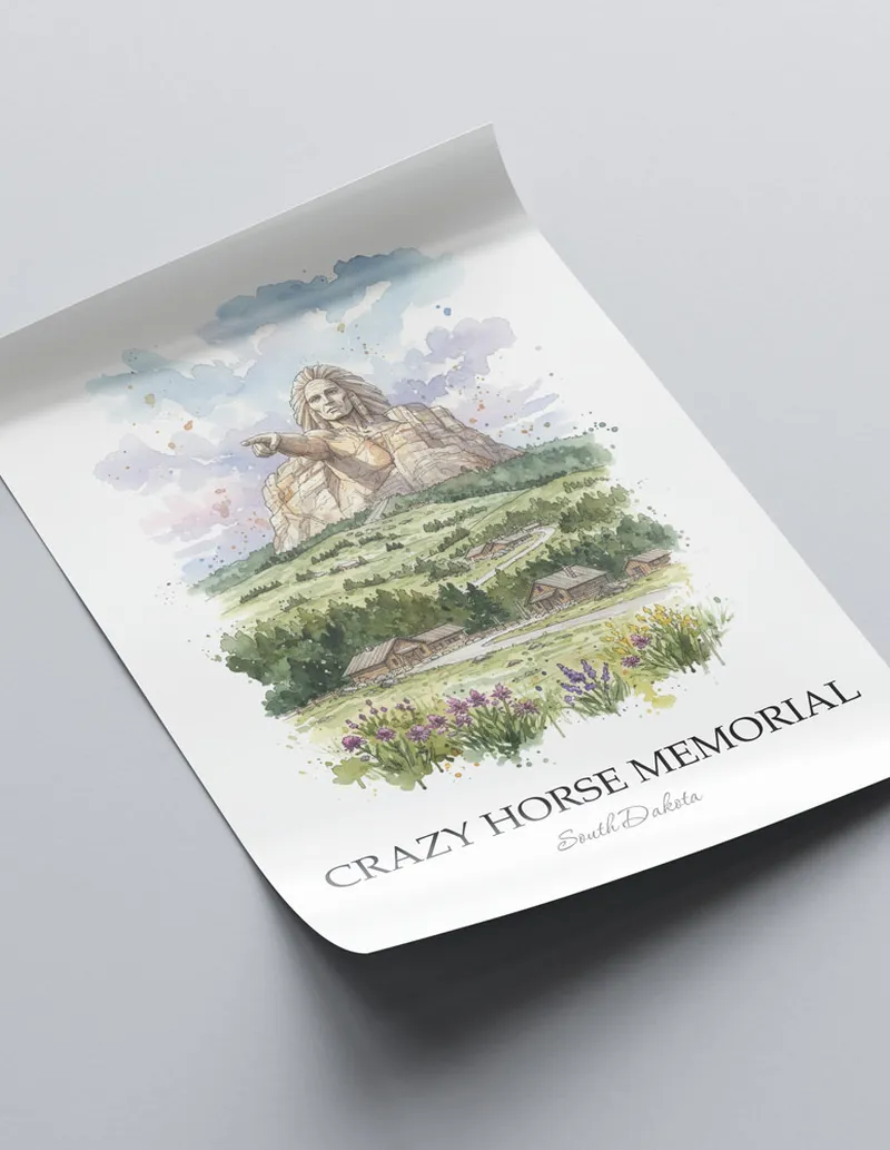 Minimalist poster of Crazy Horse Memorial in South Dakota in a light frame standing on the floor in a dark moody interior.