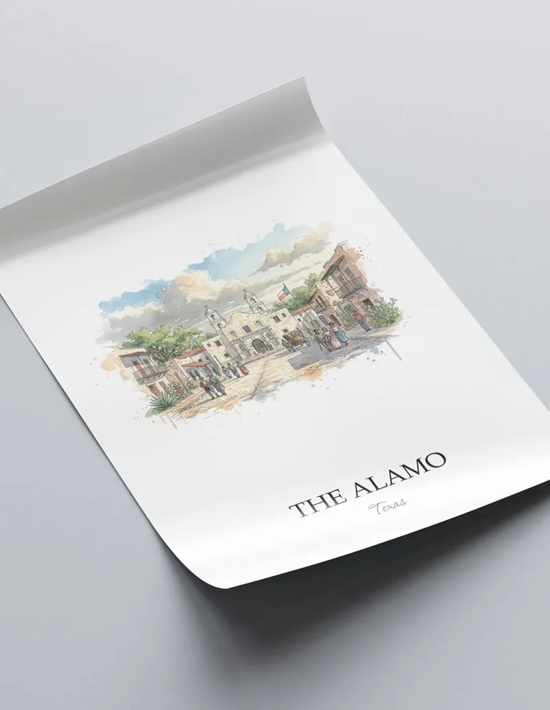 Minimalist poster of The Alamo in Texas in a light frame standing on the floor in a dark moody interior.