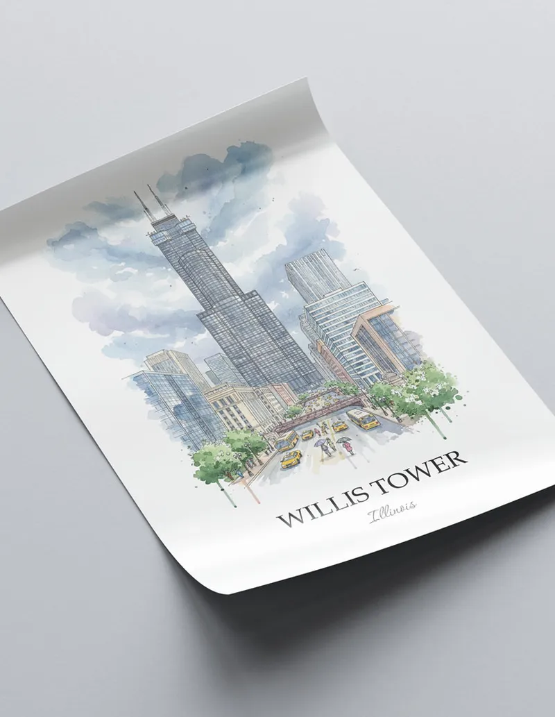 Minimalist poster of Willis Tower in Illinois in a light frame standing on the floor in a dark moody interior.