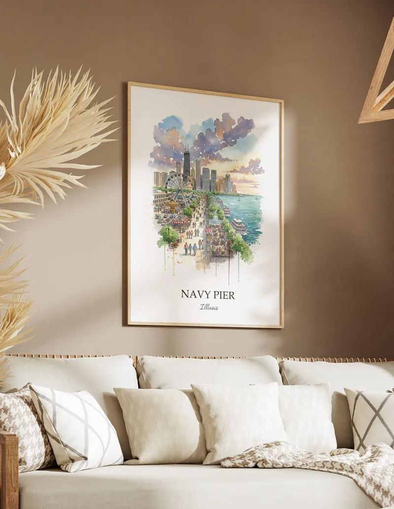 Cozy, well-lit workspace with a minimalist poster of Navy Pier, Illinois in a light frame sitting on the desk.