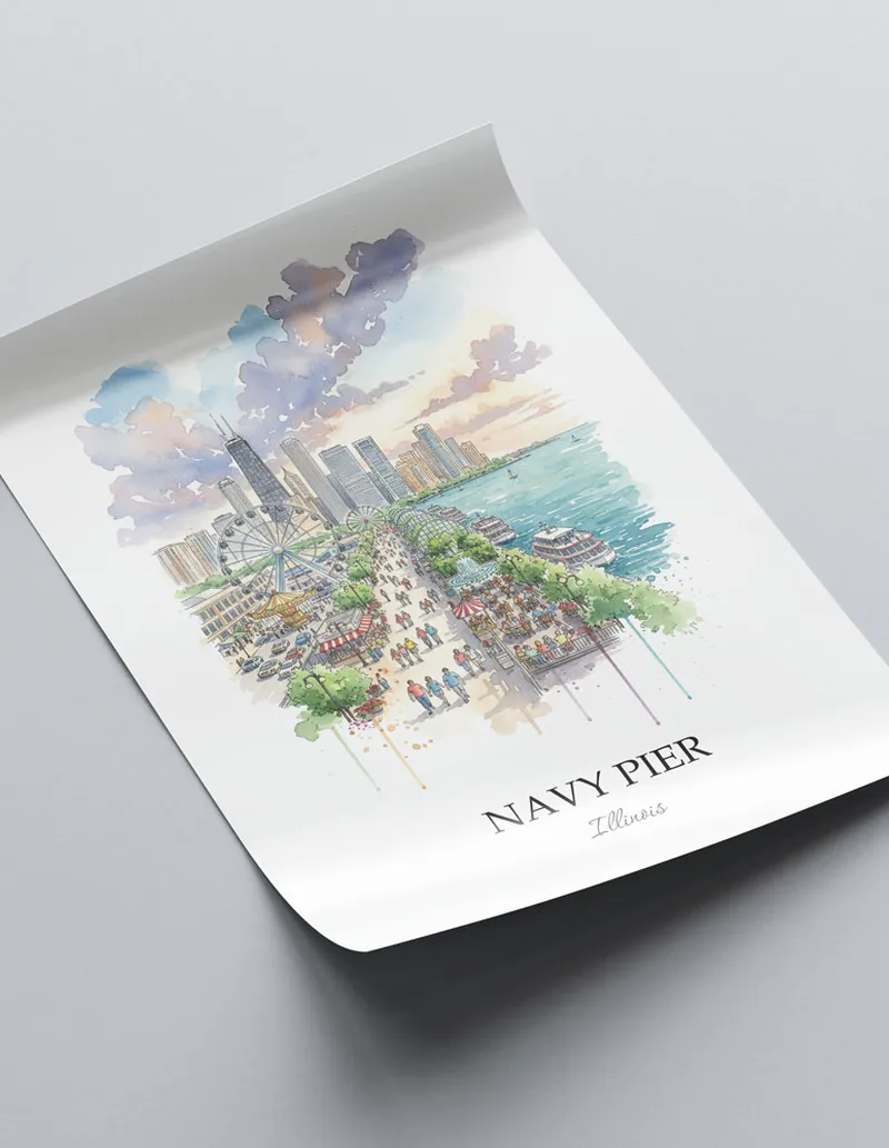 Minimalist poster of Navy Pier in Illinois in a light frame standing on the floor in a dark moody interior.
