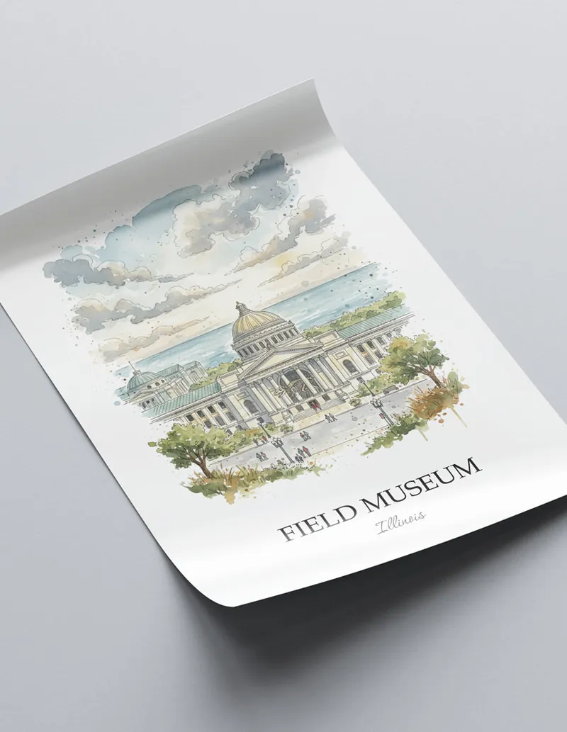 Minimalist poster of Field Museum in Illinois in a light frame standing on the floor in a dark moody interior.