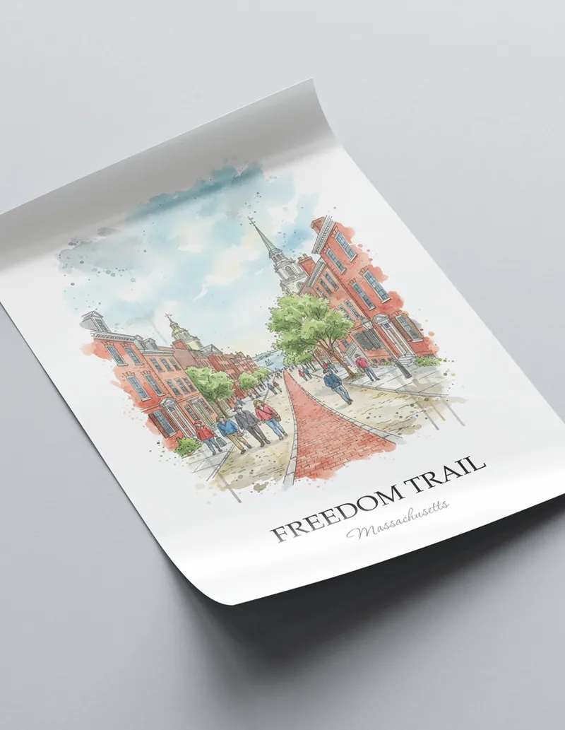 Minimalist poster of Freedom Trail in Massachusetts in a light frame standing on the floor in a dark moody interior.