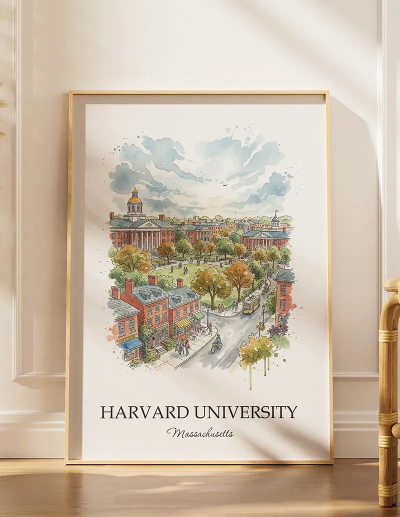 A lovely interior preview showcasing a vintage-vibe travel poster design of the scenic Harvard University in Massachusetts.