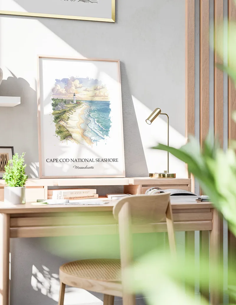 A close-up of a high-quality paper print featuring the Cape Cod National Seashore in Massachusetts minimalist design.