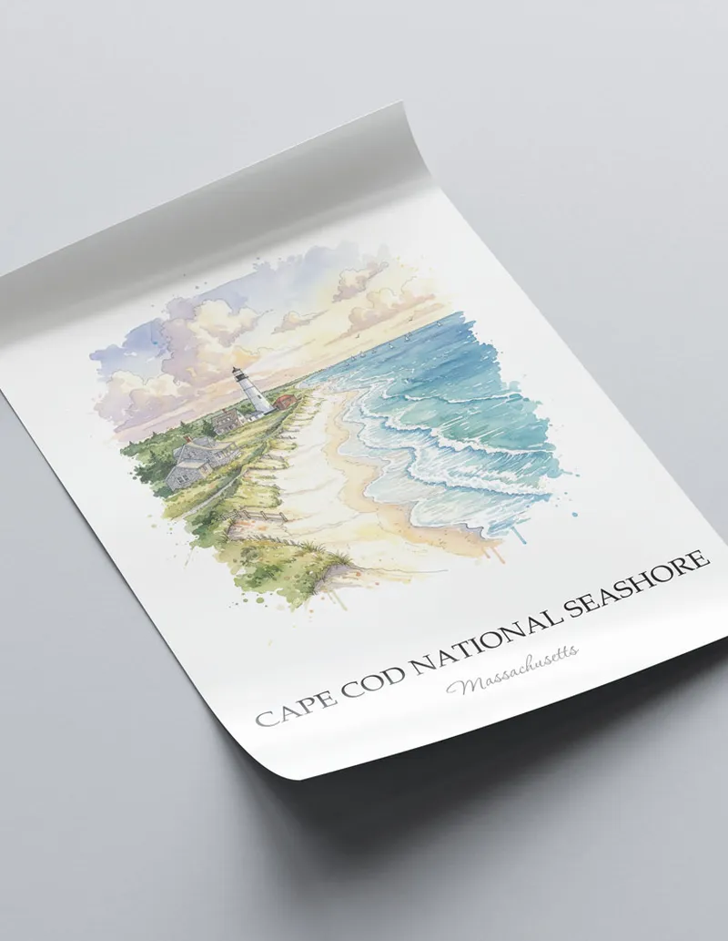 Minimalist poster of Cape Cod National Seashore in Massachusetts in a light frame standing on the floor in a dark moody interior.