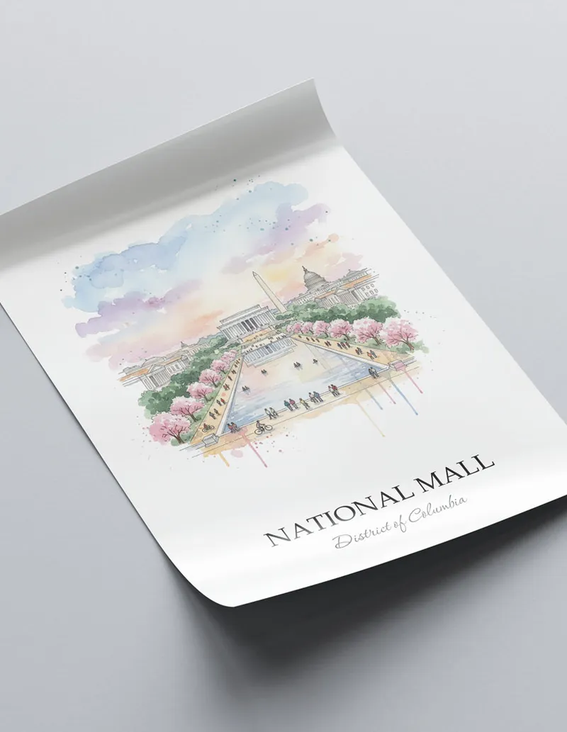 Minimalist poster of National Mall in District of Columbia in a light frame standing on the floor in a dark moody interior.