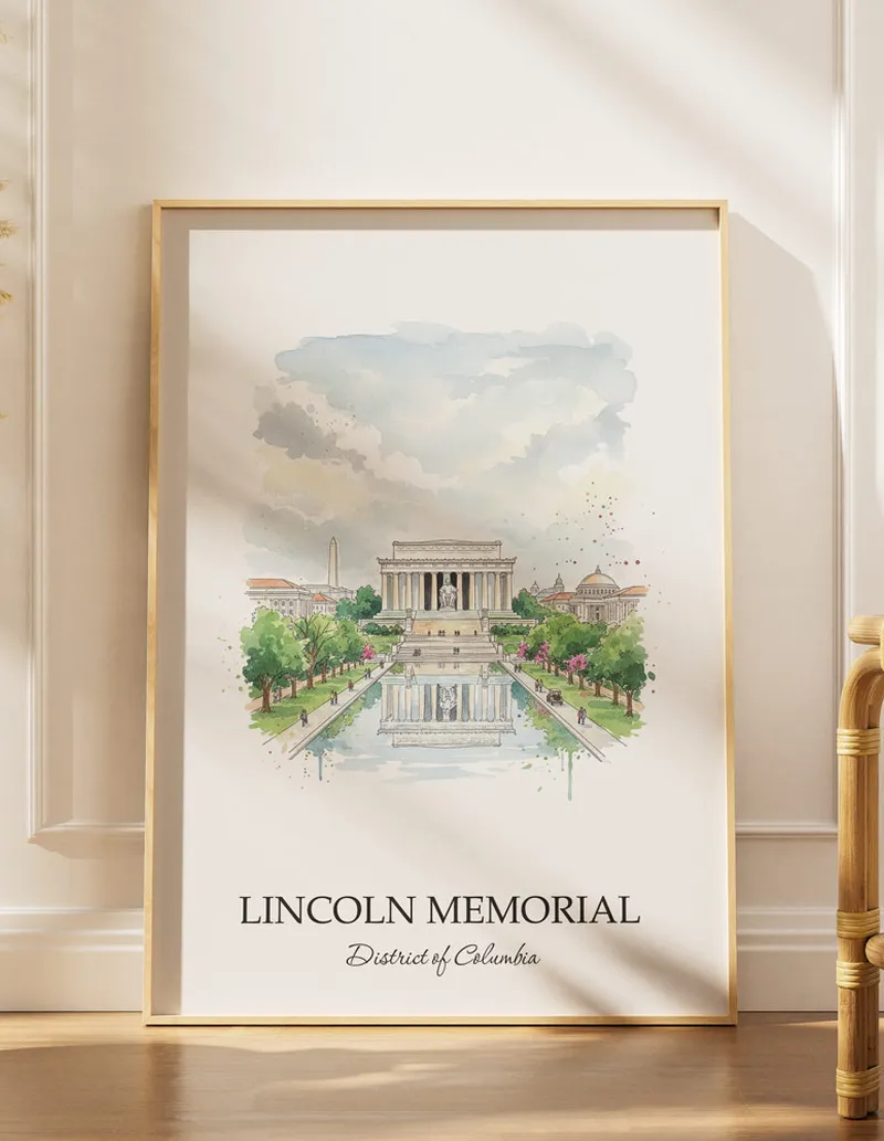 A lovely interior preview showcasing a vintage-vibe travel poster design of the scenic Lincoln Memorial in District of Columbia.