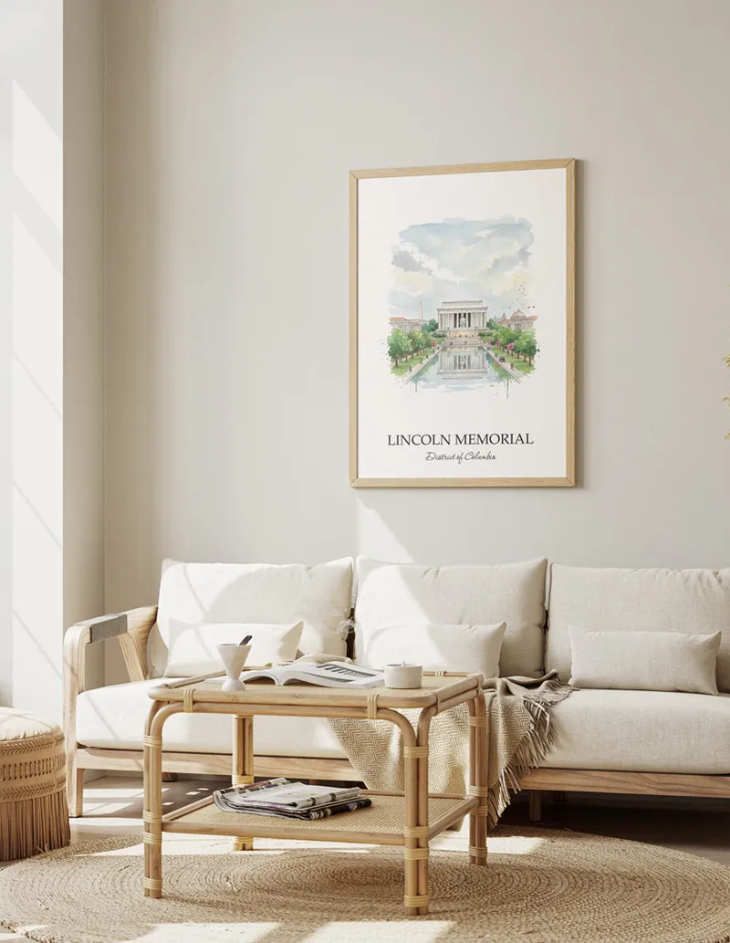 A gorgeous boho-inspired living space with a framed vintage travel poster of Lincoln Memorial in District of Columbia on display.