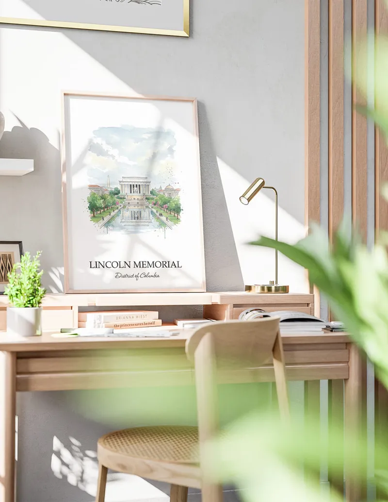 A close-up of a high-quality paper print featuring the Lincoln Memorial in District of Columbia minimalist design.