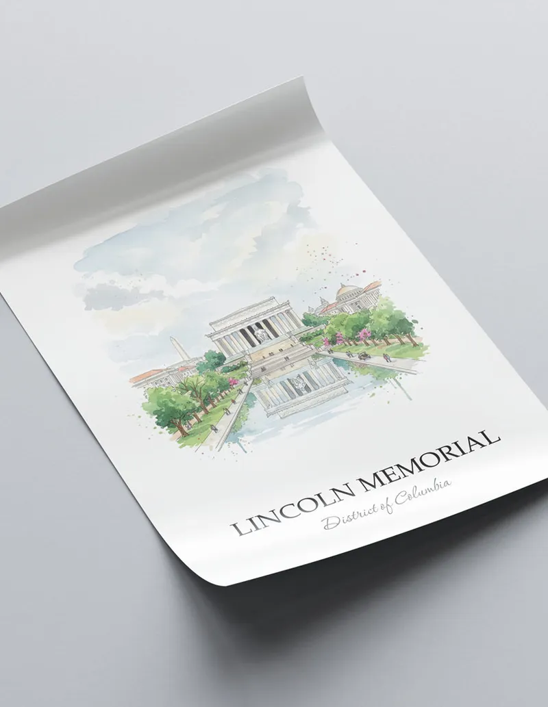 Minimalist poster of Lincoln Memorial in District of Columbia in a light frame standing on the floor in a dark moody interior.