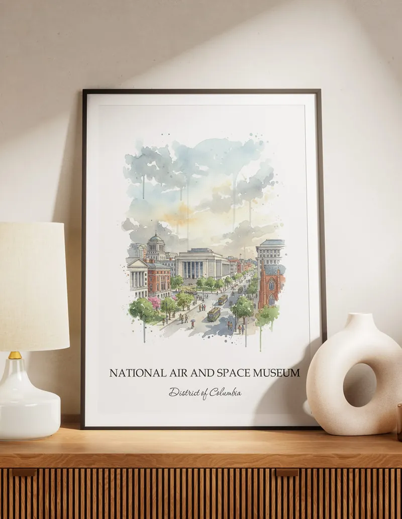 Framed wall art featuring National Air and Space Museum, District of Columbia in a light wood frame hanging above a sofa in a modern living room.