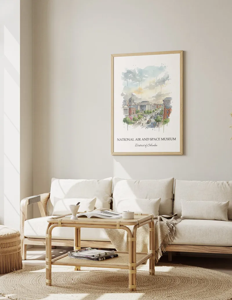 A gorgeous boho-inspired living space with a framed vintage travel poster of National Air and Space Museum in District of Columbia on display.