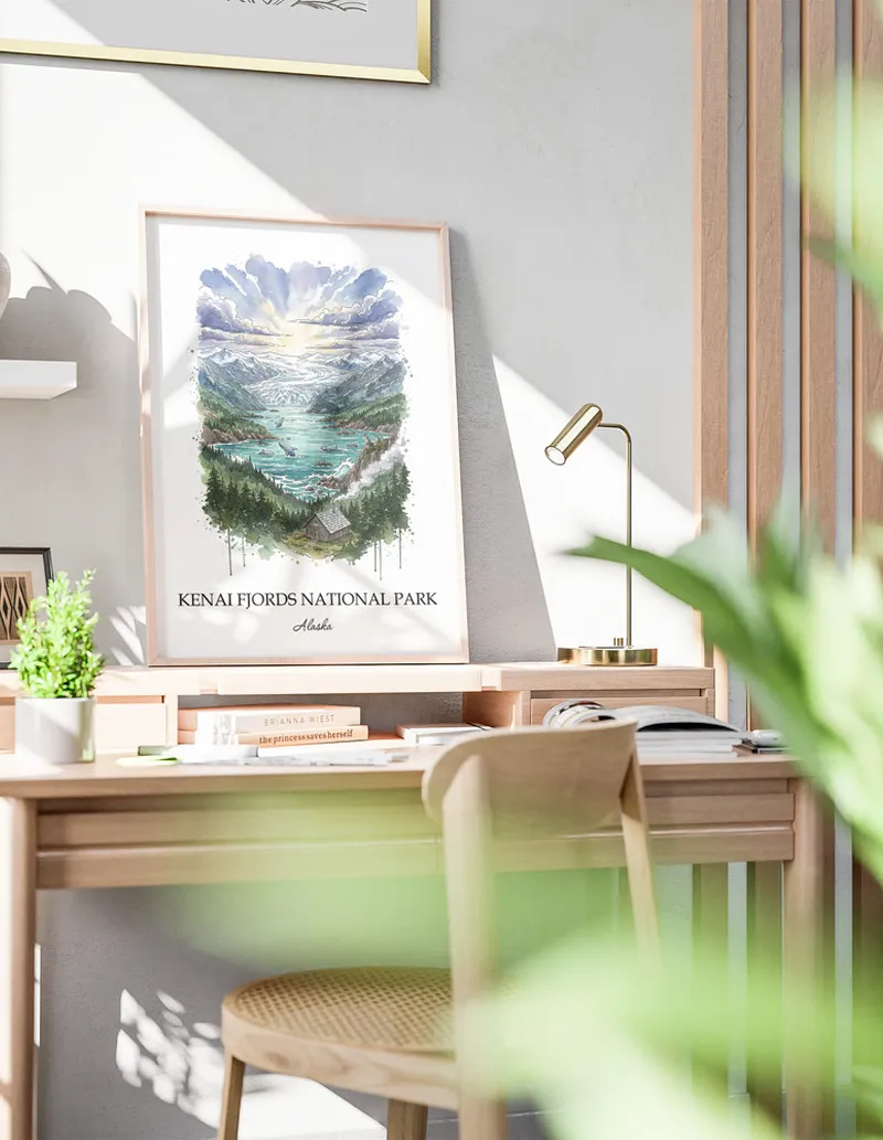 A close-up of a high-quality paper print featuring the Kenai Fjords National Park in Alaska minimalist design.