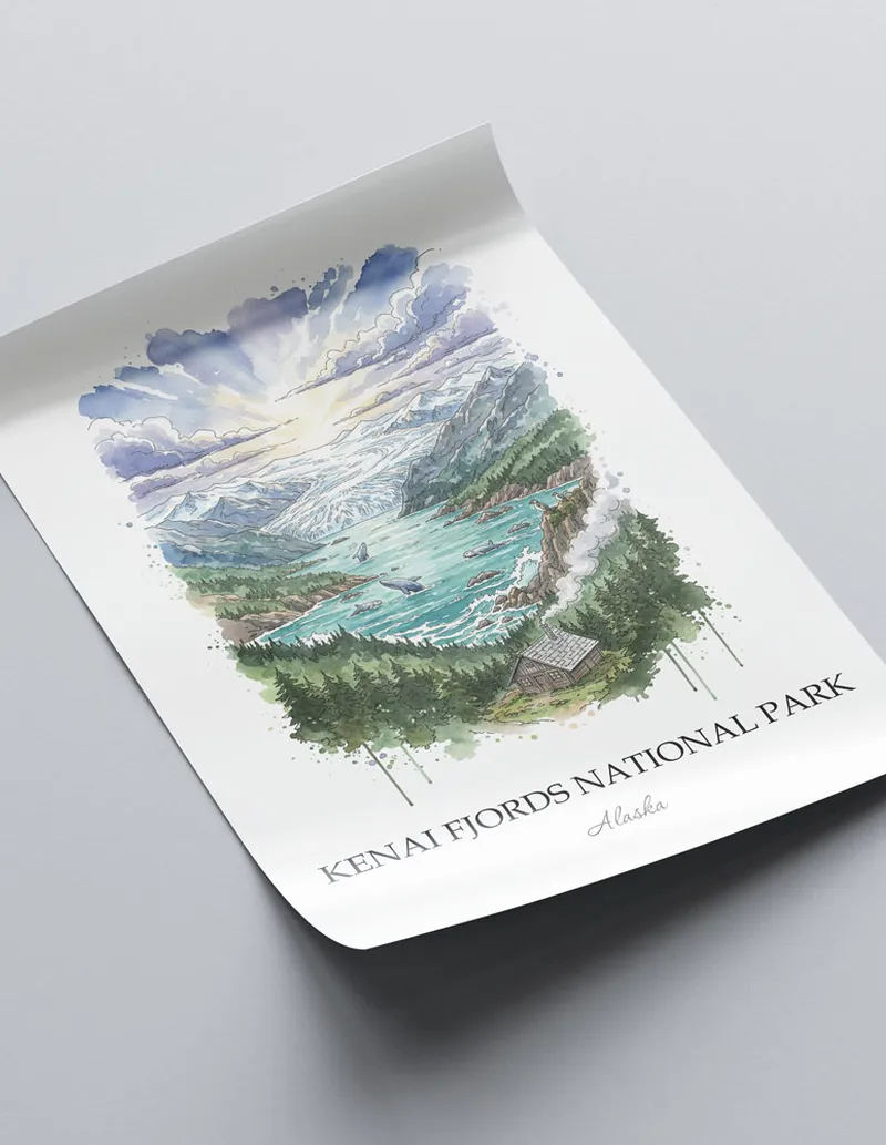 Minimalist poster of Kenai Fjords National Park in Alaska in a light frame standing on the floor in a dark moody interior.
