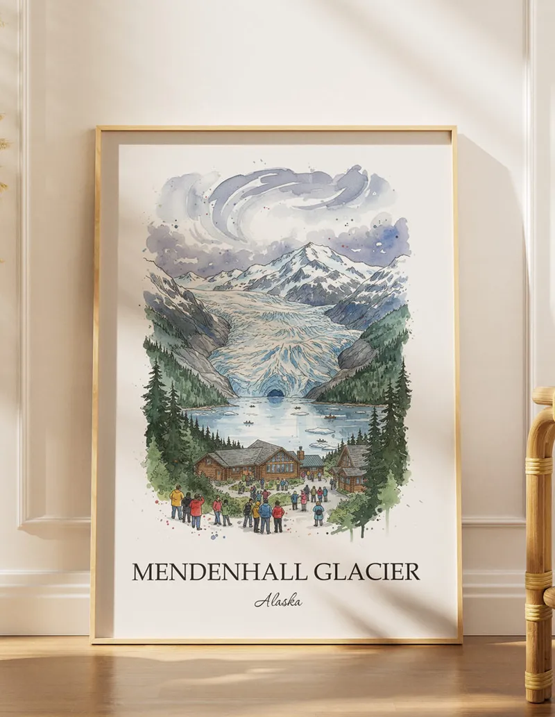 A lovely interior preview showcasing a vintage-vibe travel poster design of the scenic Mendenhall Glacier in Alaska.