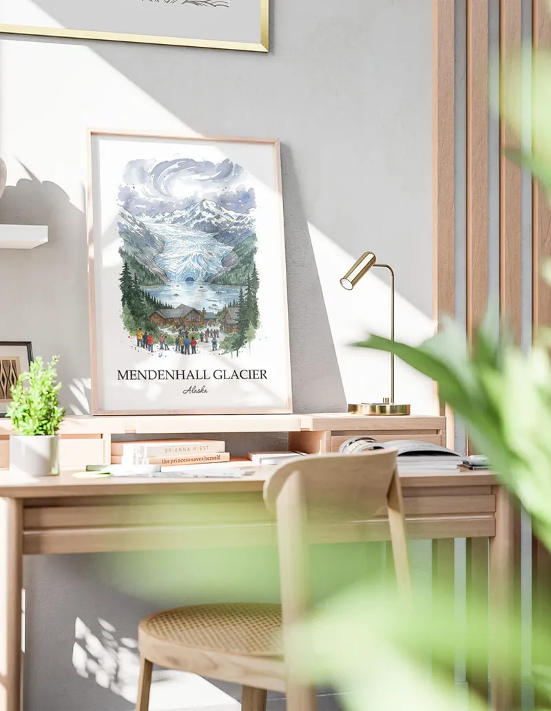 A close-up of a high-quality paper print featuring the Mendenhall Glacier in Alaska minimalist design.