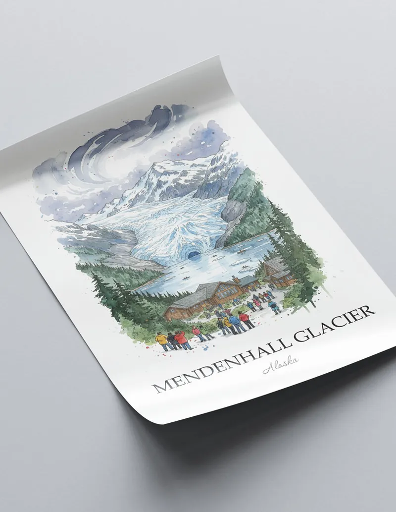 Minimalist poster of Mendenhall Glacier in Alaska in a light frame standing on the floor in a dark moody interior.