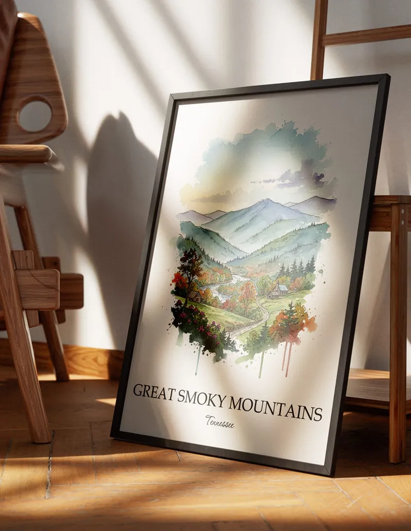 Minimalist poster of Great Smoky Mountains in Tennessee in a light frame standing by a window in a boho style room.