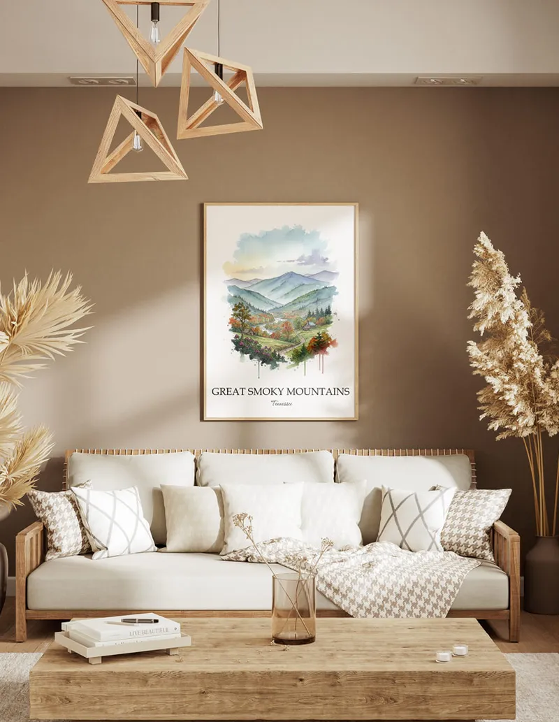 A clean and modern mockup showing a framed Great Smoky Mountains, Tennessee print on a minimalist background.