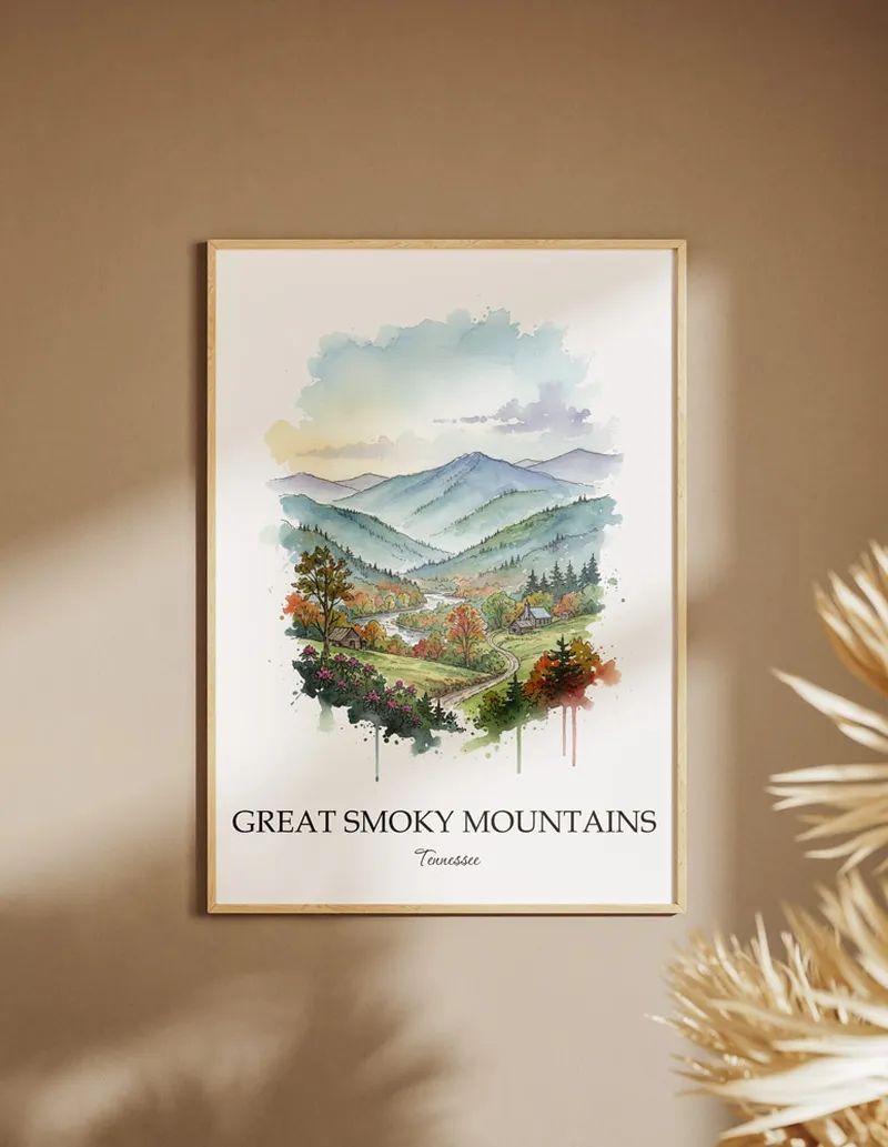 Framed wall art featuring Great Smoky Mountains in Tennessee in a light wood frame leaning on the floor.