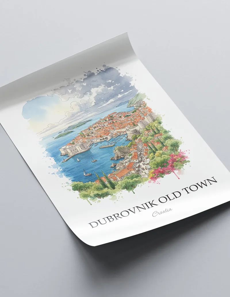 A close-up of a high-quality paper print featuring the Dubrovnik Old Town in Croatia minimalist design.