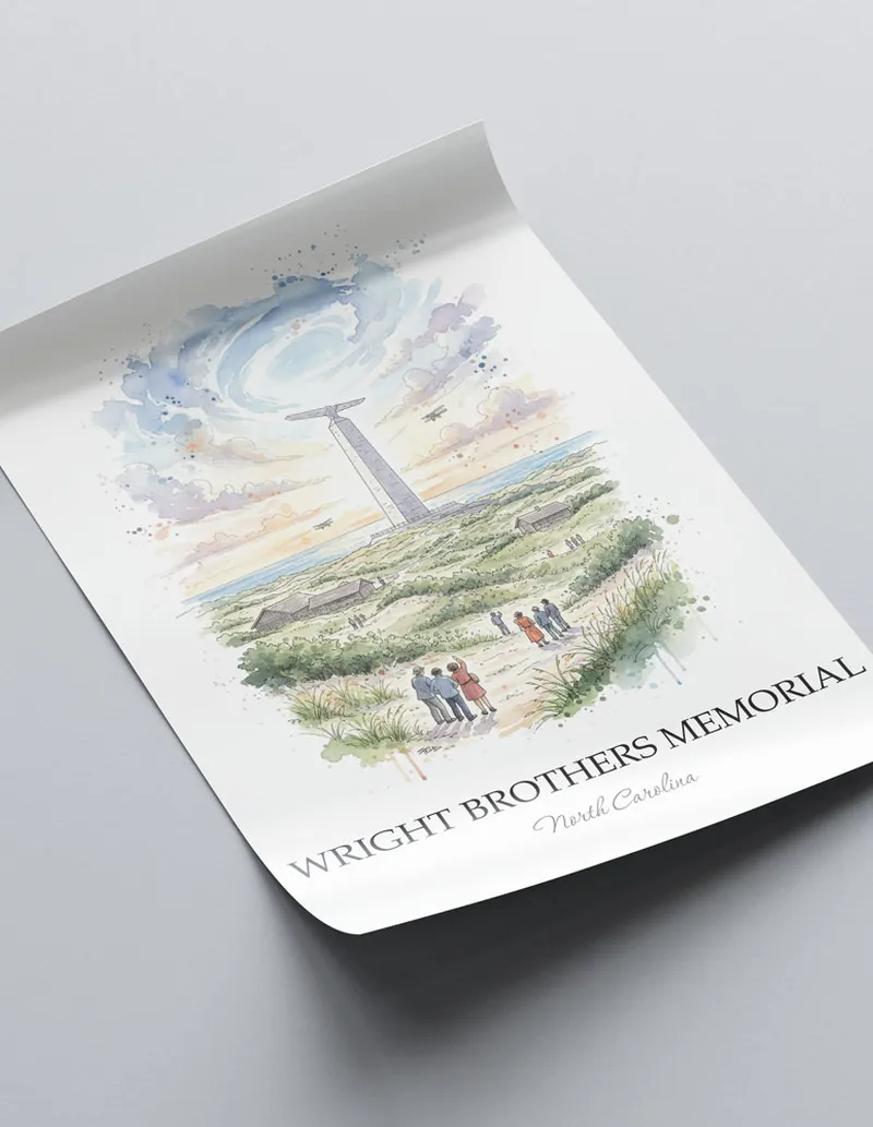 Minimalist poster of Wright Brothers Memorial in North Carolina in a light frame standing on the floor in a dark moody interior.