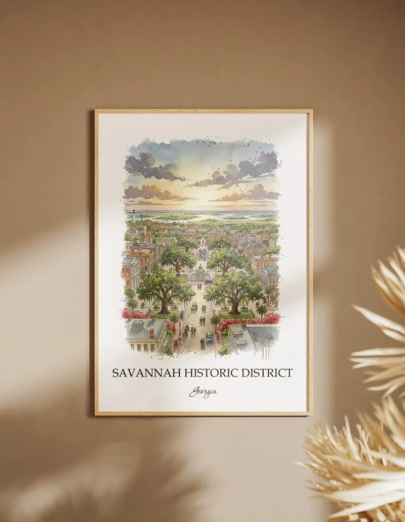 Framed wall art featuring Savannah Historic District in Georgia in a light wood frame leaning on the floor.