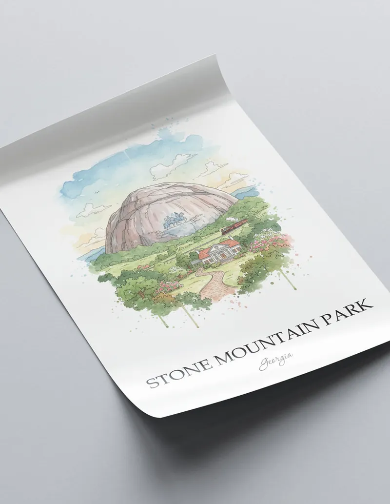 Minimalist poster of Stone Mountain Park in Georgia in a light frame standing on the floor in a dark moody interior.