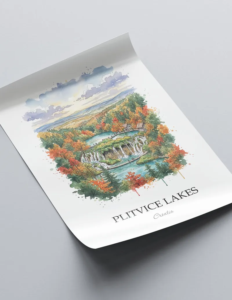 A close-up of a high-quality paper print featuring the Plitvice Lakes in Croatia minimalist design.